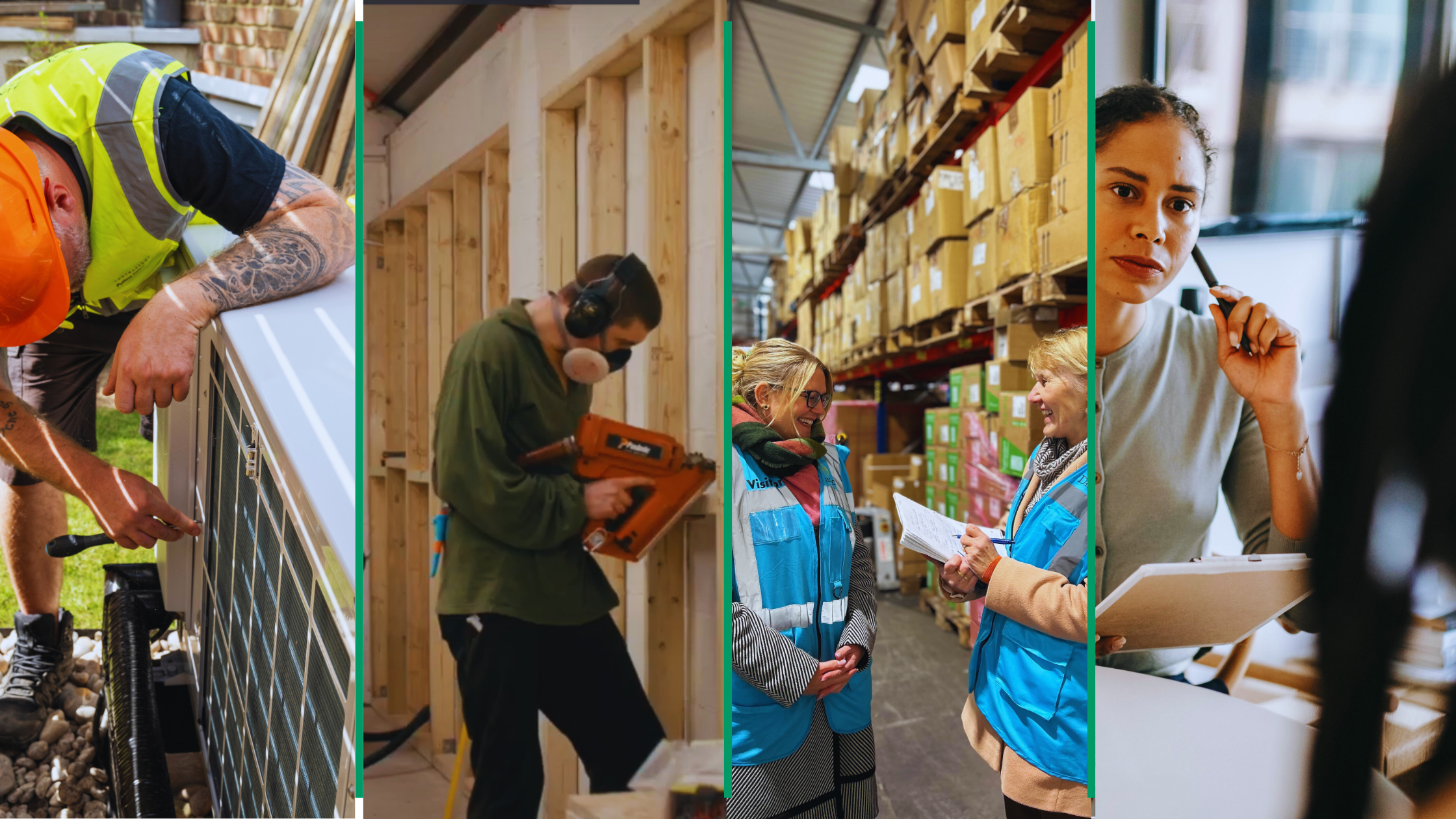 A collage of energy assessors and construction workers delivering free energy assessments in Oxfordshire.