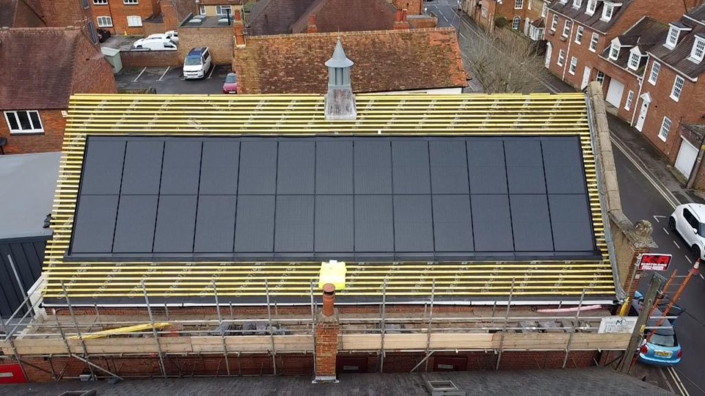Drone image of solar panels on Thame Players Theatre.