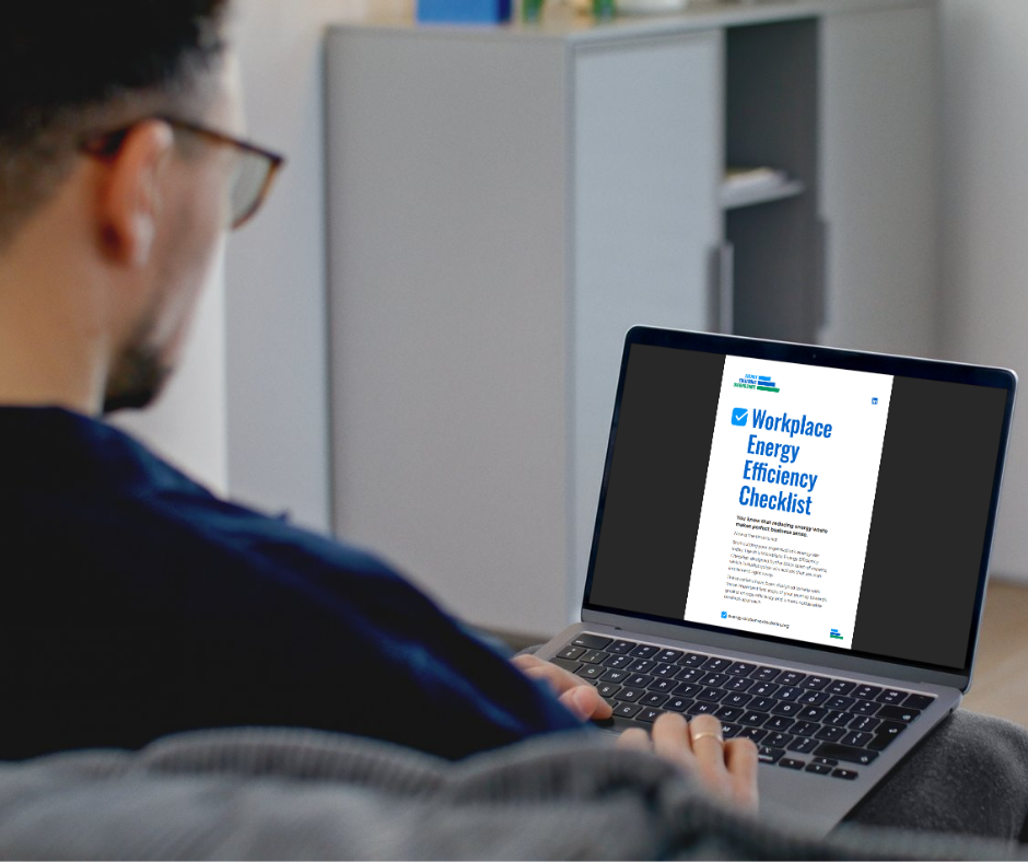 A manager reads the Energy Solutions Oxfordshire Workplace Energy Checklist on his laptop.